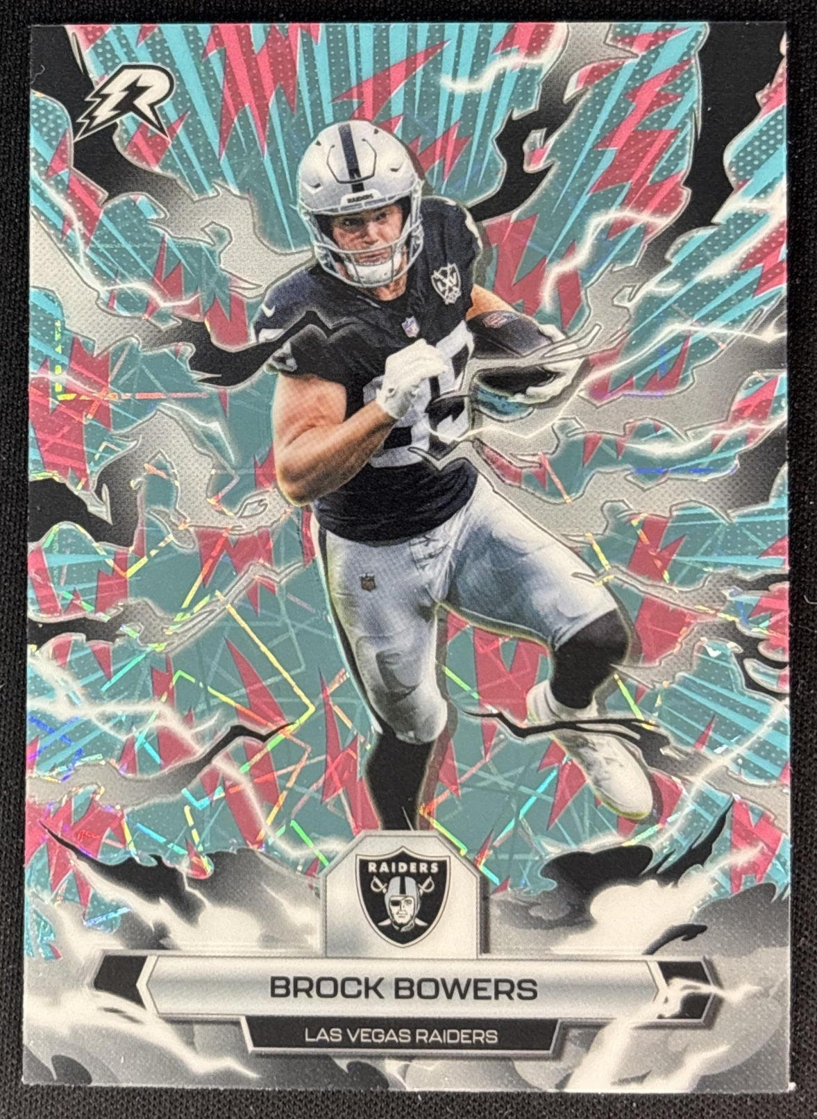 Brock Bowers 2025 Topps Resurgence Sky Blue and Pink Shock Refractor Raiders Las Vegas Raiders Sports Trading Cards