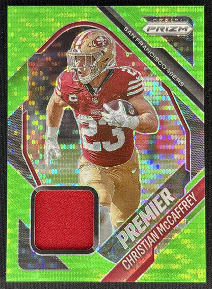 Christian McCaffrey 2025 Panini Prizm Premier Jerseys Neon Green Pulsar 49ers Front