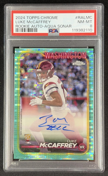 Luke McCaffrey 2024 Chrome Rookie Auto Aqua Sonar Refractor /199 Commanders Sports Trading Card
