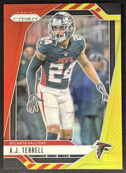 A.J. Terrell 2024 Panini Prizm Red and Yellow /44 Falcons front