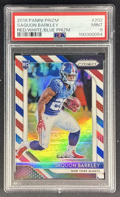 Saquon Barkley 2018 Panini Prizm Red White and Blue PSA 9 Giants front