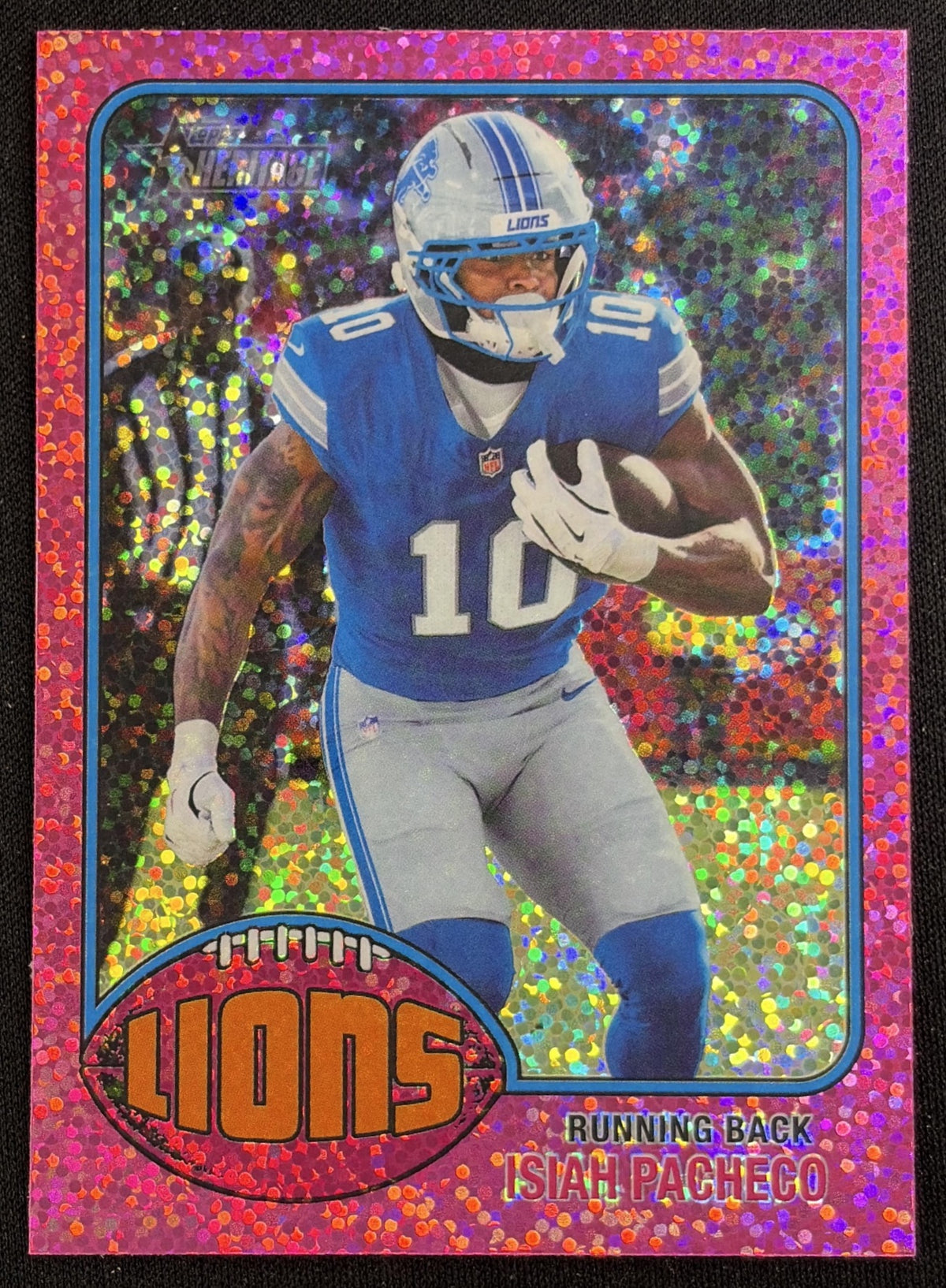 Isiah Pacheco 2026 Topps Heritage Chrome Pink Sparkle Lions Sports Trading Card