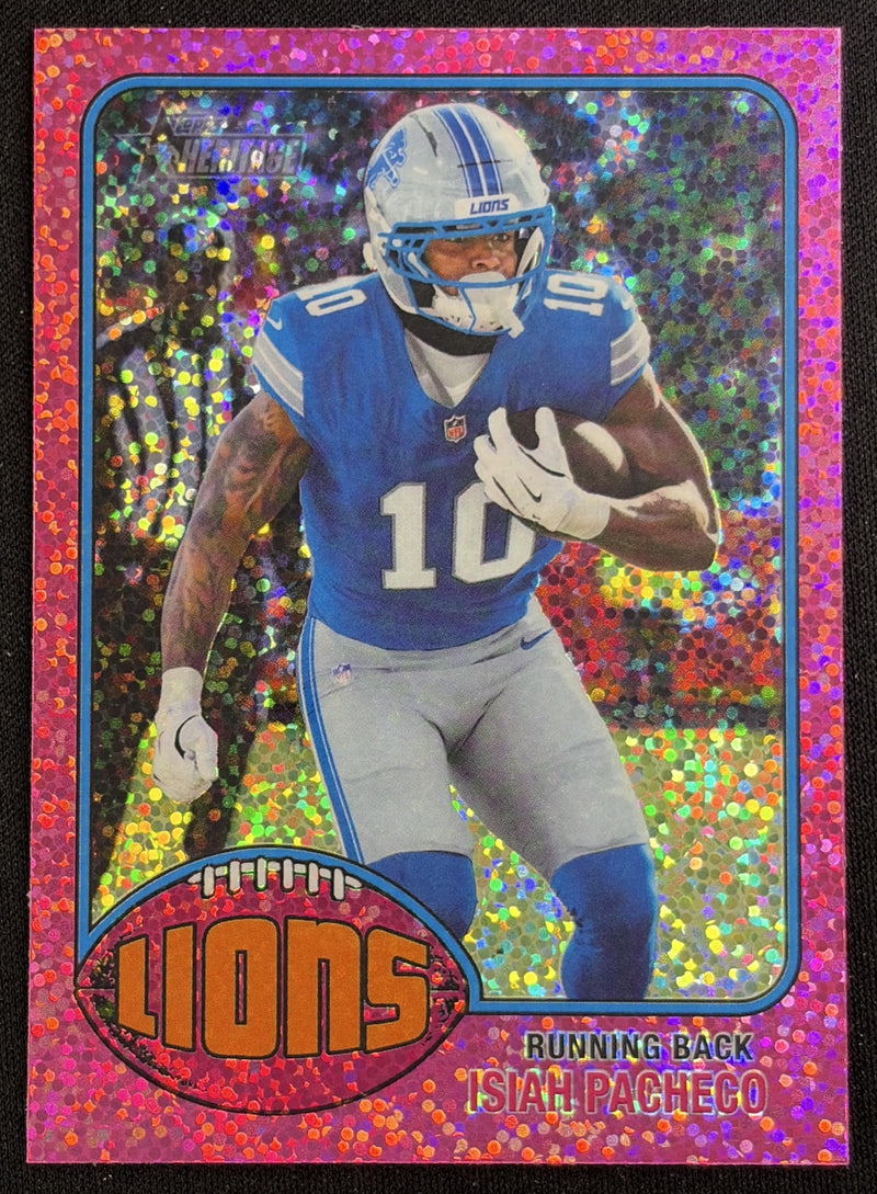 Isiah Pacheco 2026 Topps Heritage Chrome Pink Sparkle Lions