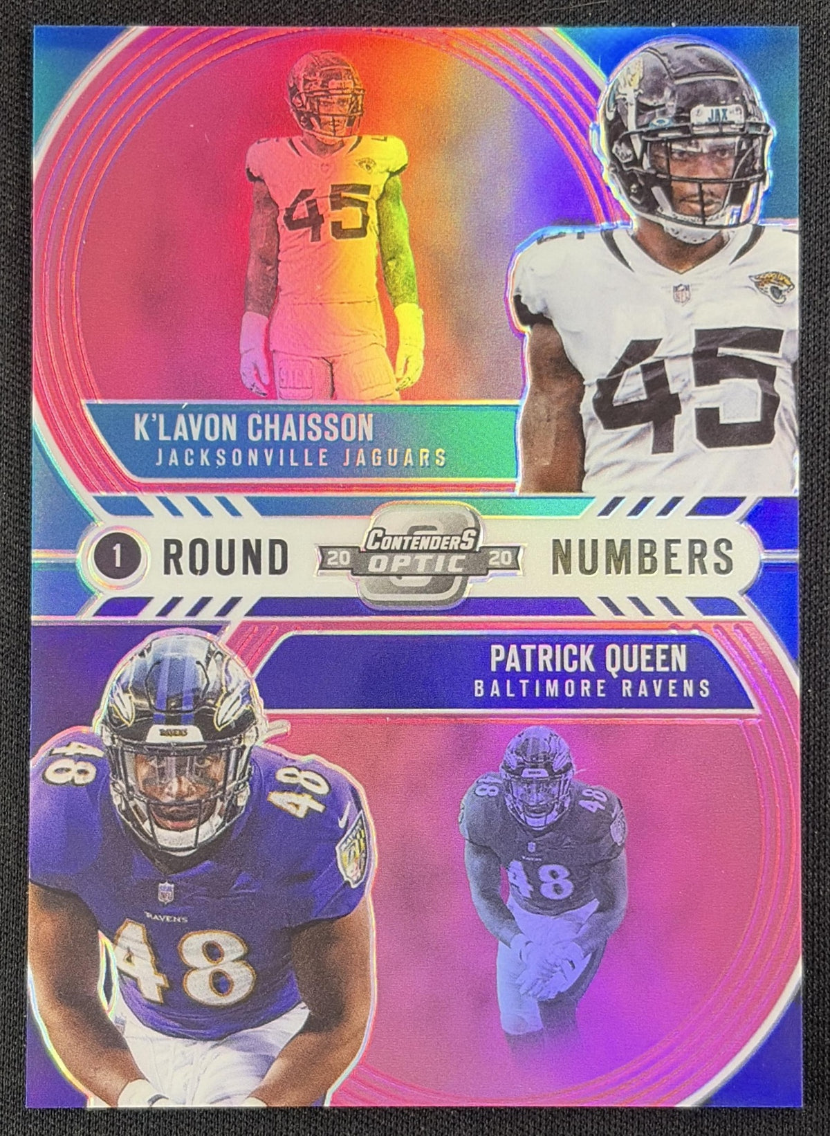 K'Lavon Chaisson Patrick Queen 2020 Panini Contenders Optic Round Numbers Pink /75 Jaguars Ravens