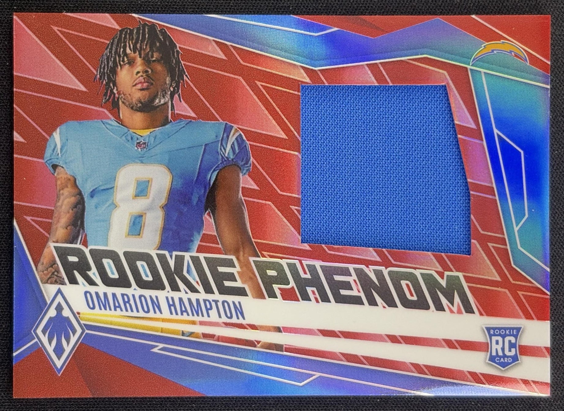 Omarion Hampton 2025 Panini Phoenix Rookie Phenom Jersey Red Prizm /299 Chargers Los Angeles Chargers