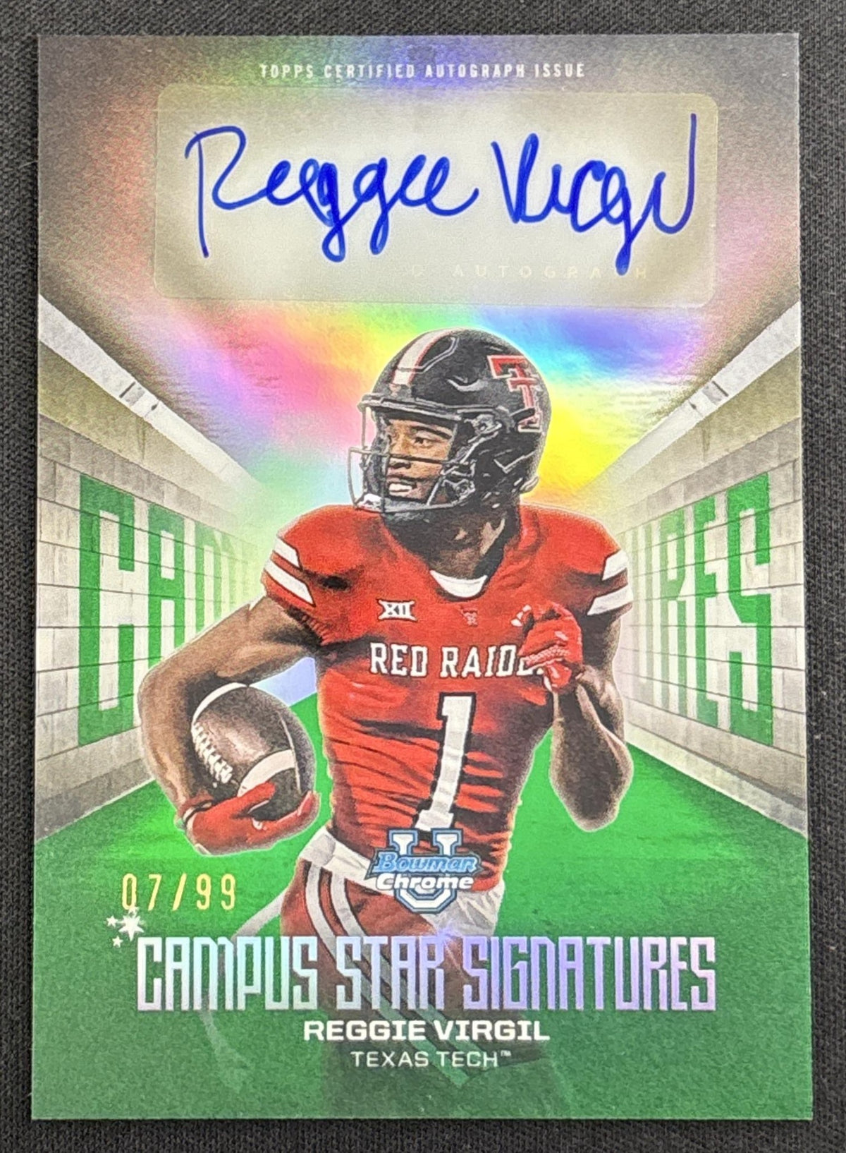 Reggie Virgil 2025 Bowman Chrome University Campus Star Signature Green Refractor /99 Red Raiders Sports Trading Card