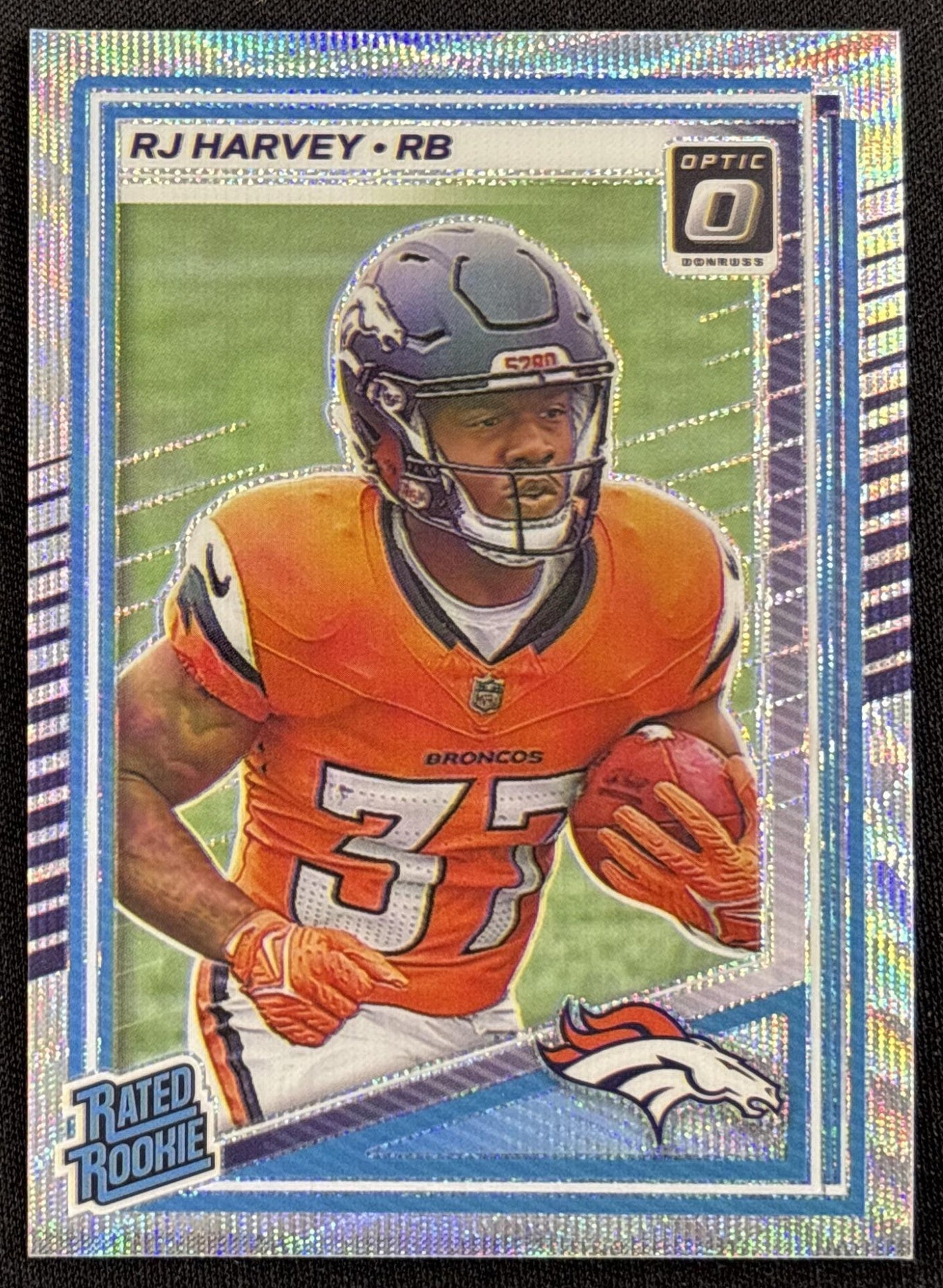 RJ Harvey 2025 Panini Donruss Optic Rated Rookie Wave Prizm /300 Broncos
