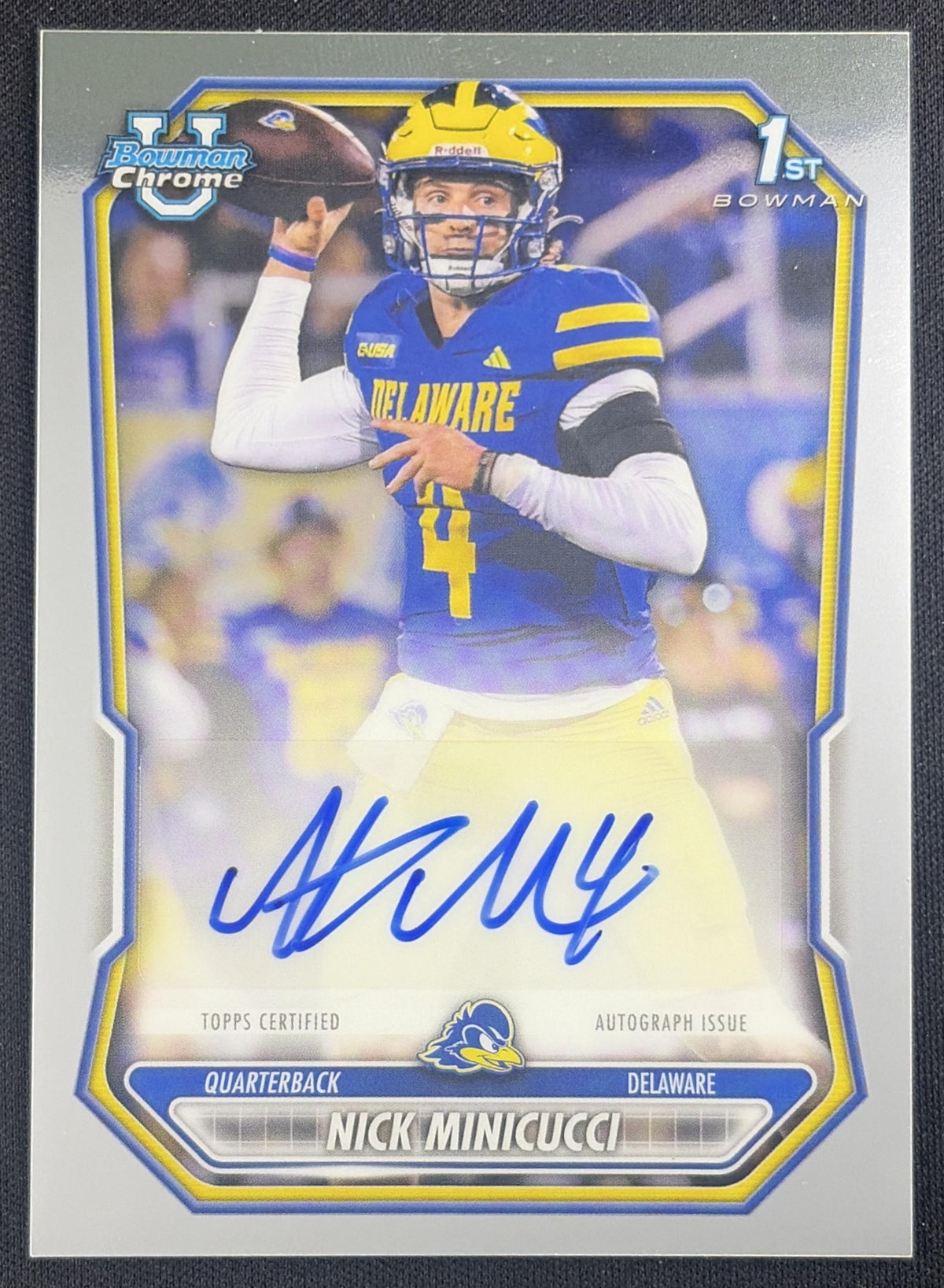 Nick Minicucci 2026 Bowman Chrome Prospect Auto Fightin' Blue Hens Sports Trading Card