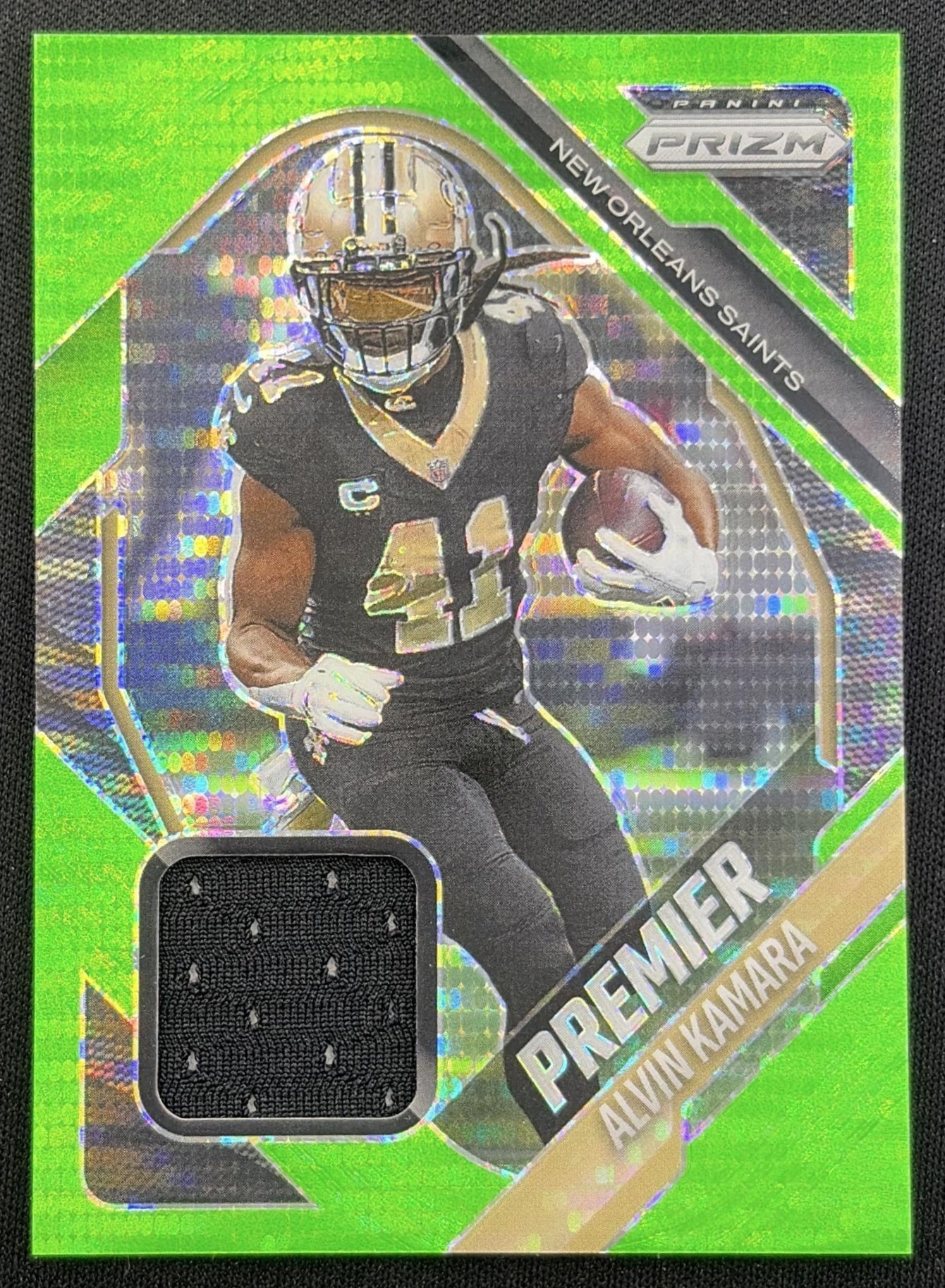 Alvin Kamara 2025 Panini Prizm Premier Jerseys Neon Green Pulsar Saints