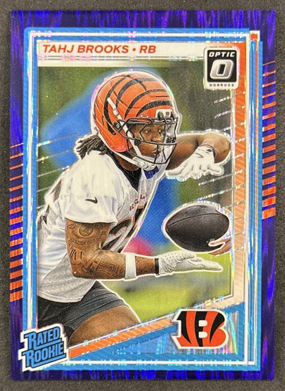 Tahj Brooks 2025 Panini Donruss Optic Rated Rookie Purple Shock Prizm Bengals front sports trading card