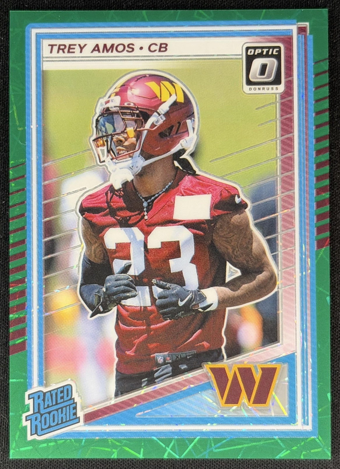 Trey Amos 2025 Panini Donruss Optic Rated Rookie Green Velocity Prizm Commanders front