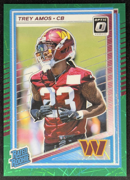 Trey Amos 2025 Panini Donruss Optic Rated Rookie Green Velocity Prizm Commanders front