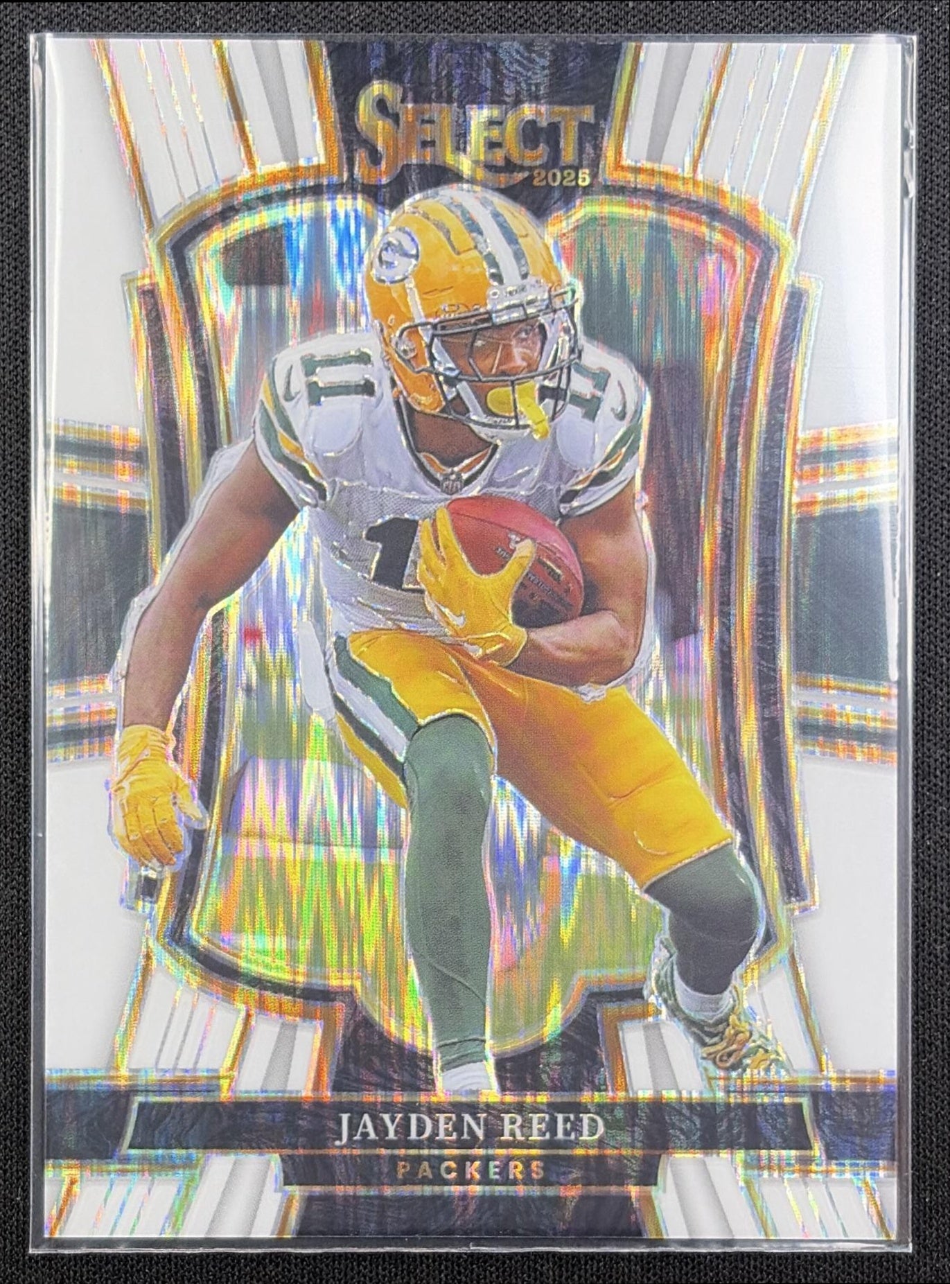 Jayden Reed 2025 Panini Select Premier Level White Prizm Shock /799 Packers front