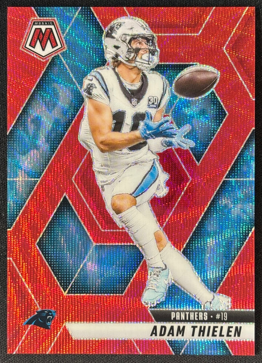 Front of Adam Thielen 2025 Mosaic Red Wave /27 Prizm Panthers sports trading card