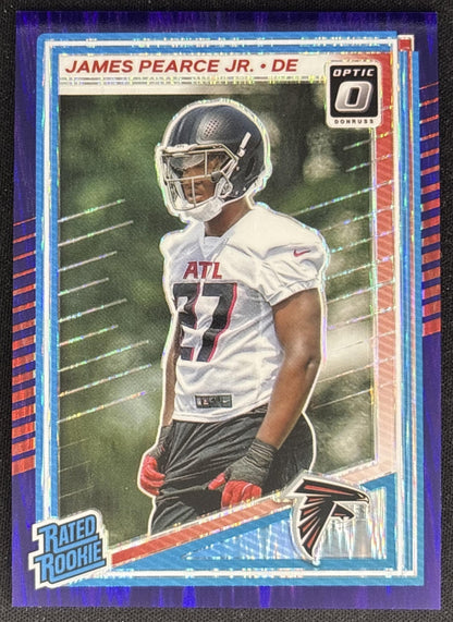 James Pearce Jr. 2025 Donruss Optic Rated Rookie Purple Shock Prizm Falcons front