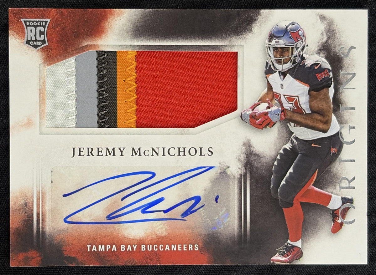 Front of Jeremy McNichols 2017 Panini Origins Rookie Patch Auto Buccaneers sports trading card