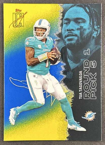 Tua Tagovailoa 2025 Topps Signature Class Veteran Blue & Yellow Foil Dolphins front sports trading card
