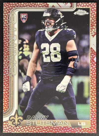Danny Stutsman 2025 Topps Chrome Rookie Football Leather Refractor Saints Sports Trading Cards