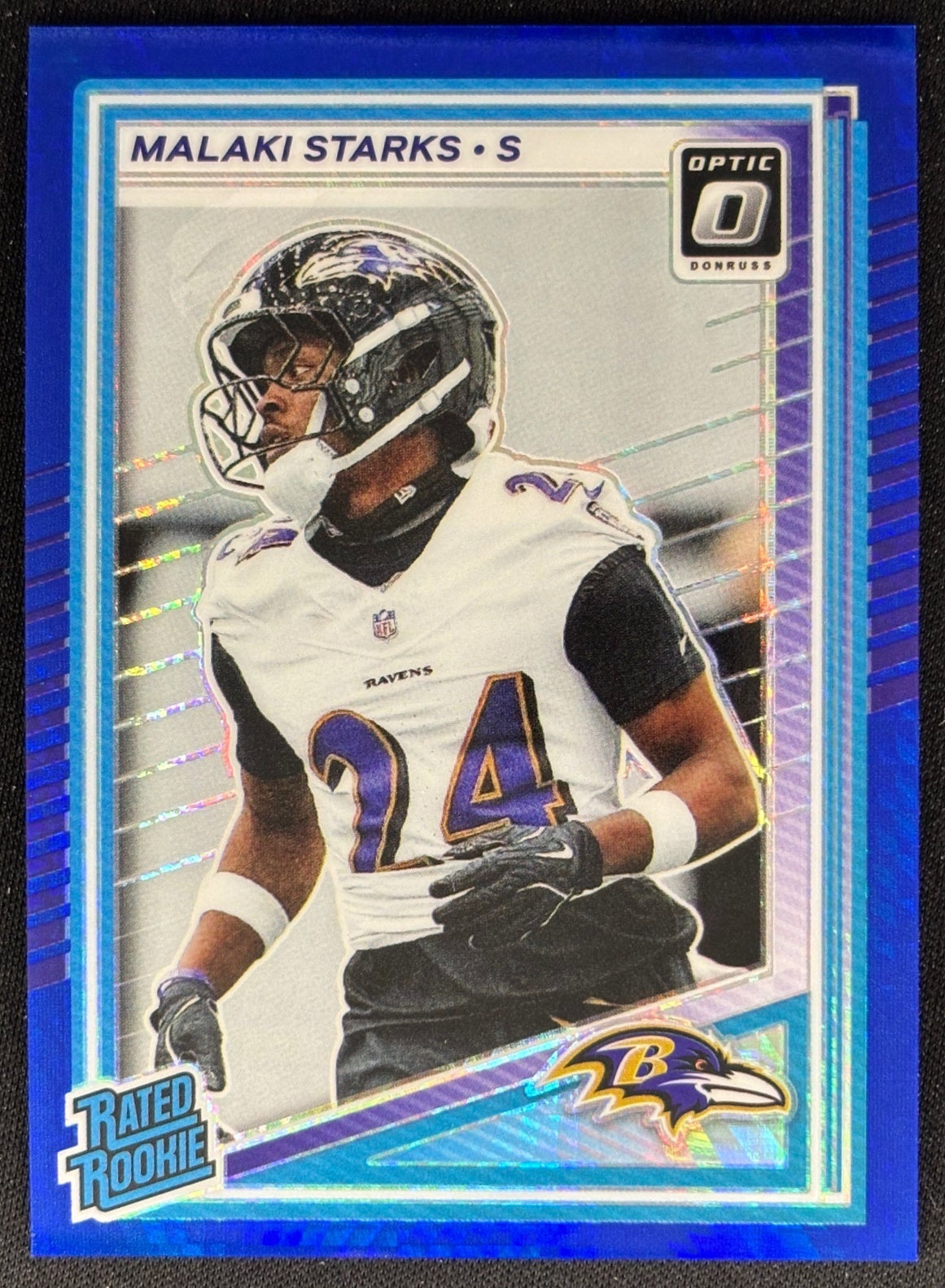 Malaki Starks 2025 Donruss Optic Rated Rookie Blue Hyper Prizm Ravens front sports trading card