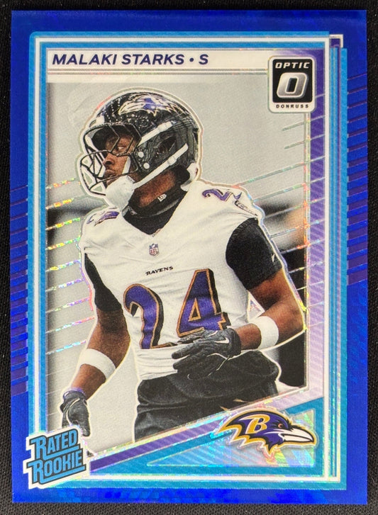 Malaki Starks 2025 Donruss Optic Rated Rookie Blue Hyper Prizm Ravens front sports trading card