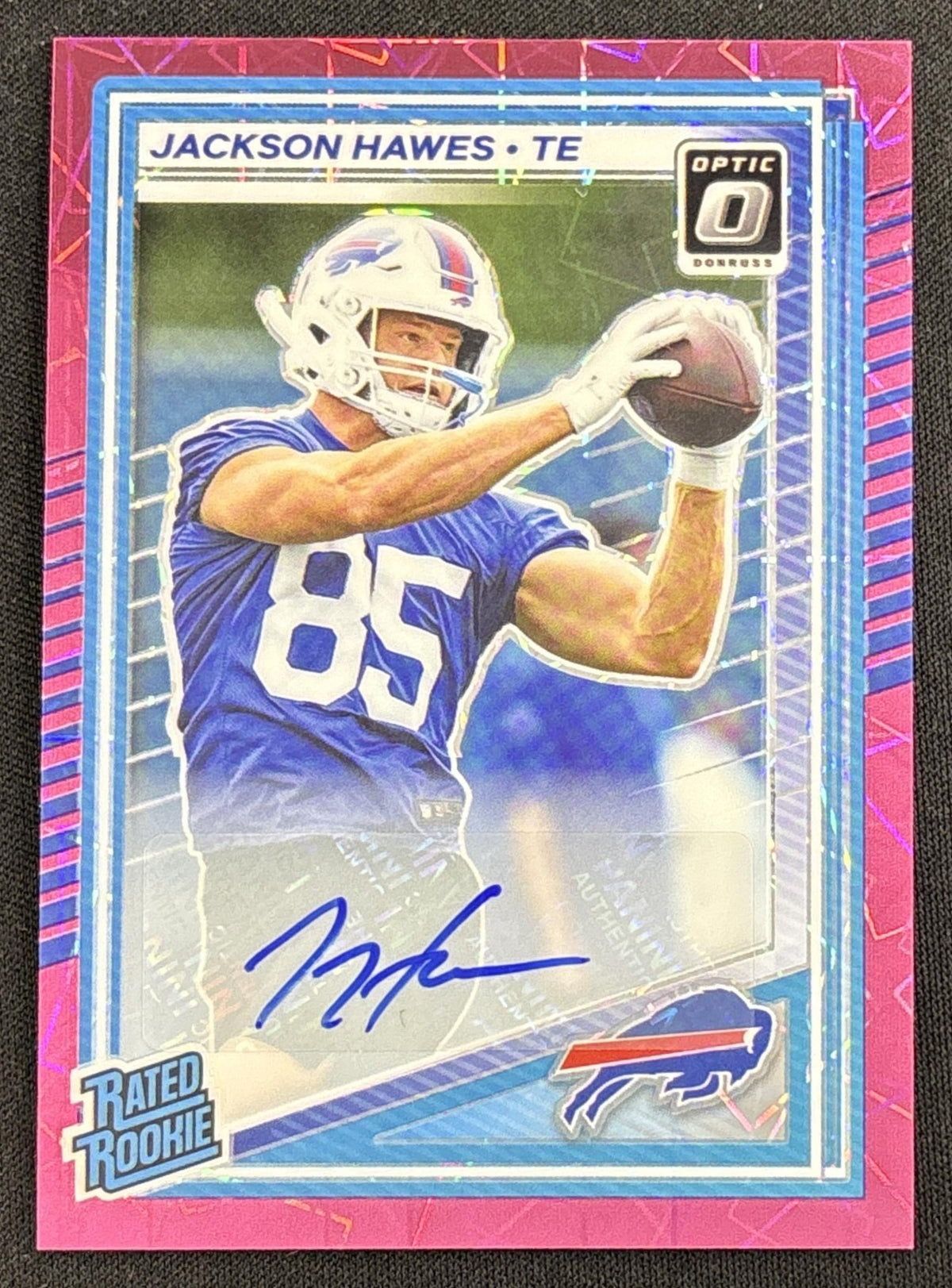 Jackson Hawes 2025 Panini Donruss Optic Rated Rookie Auto Pink Velocity Prizm /75 Bills Sports Trading Card