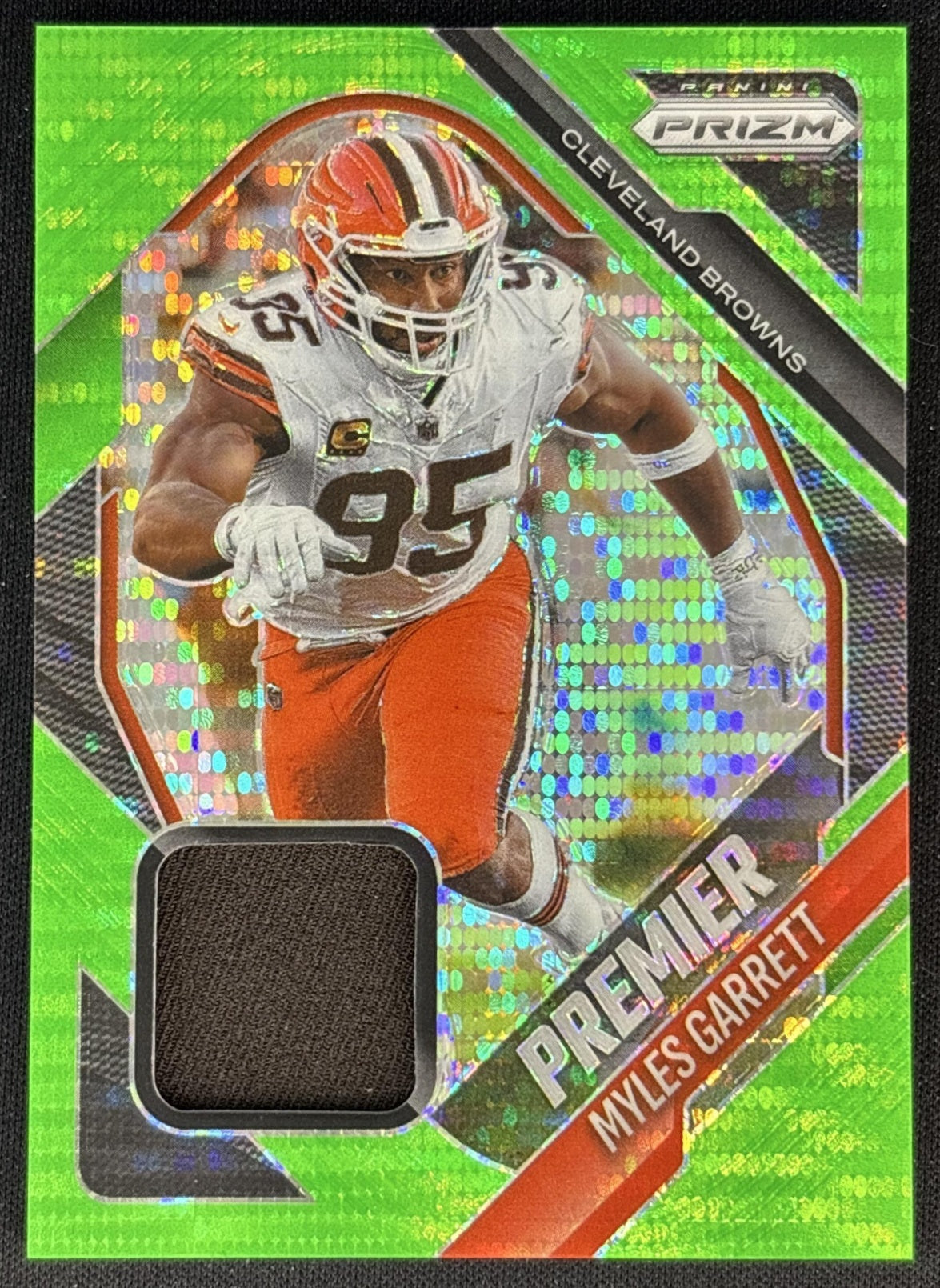 Myles Garrett 2025 Panini Prizm Premier Jerseys Neon Green Pulsar Browns Front