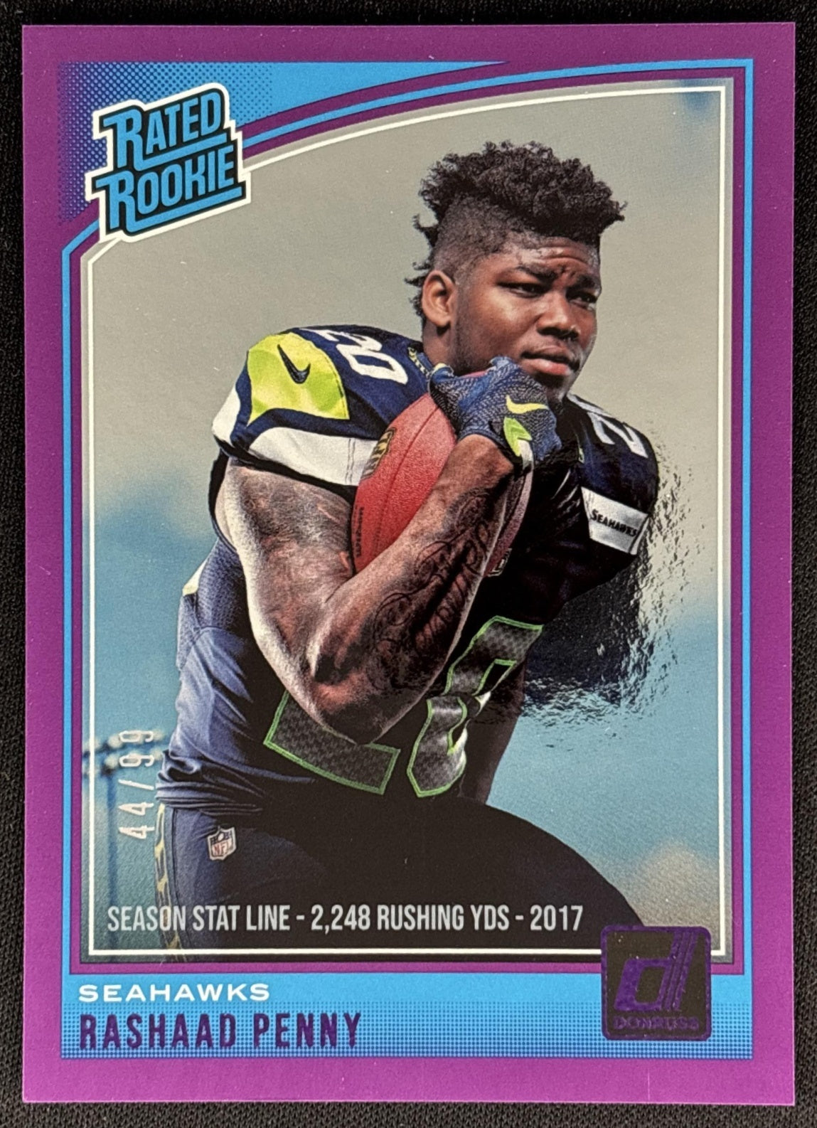 Rashaad Penny 2018 Panini Donruss Season Stat Line /99 Seahawks front