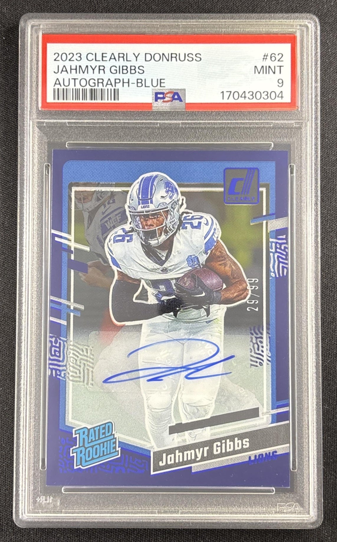Jahmyr Gibbs 2023 Panini Clearly Donruss Rated Rookie Auto Blue /99 PSA 9 Lions