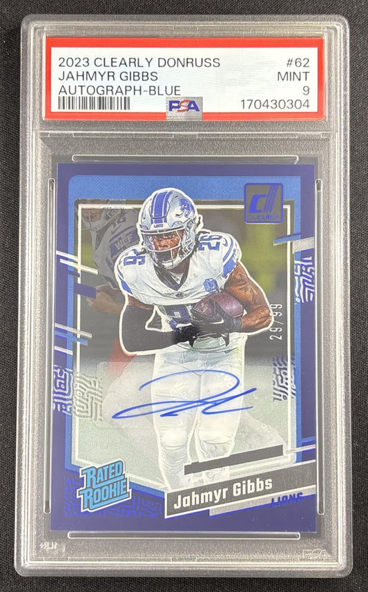 Jahmyr Gibbs 2023 Panini Clearly Donruss Rated Rookie Auto Blue /99 PSA 9 Lions