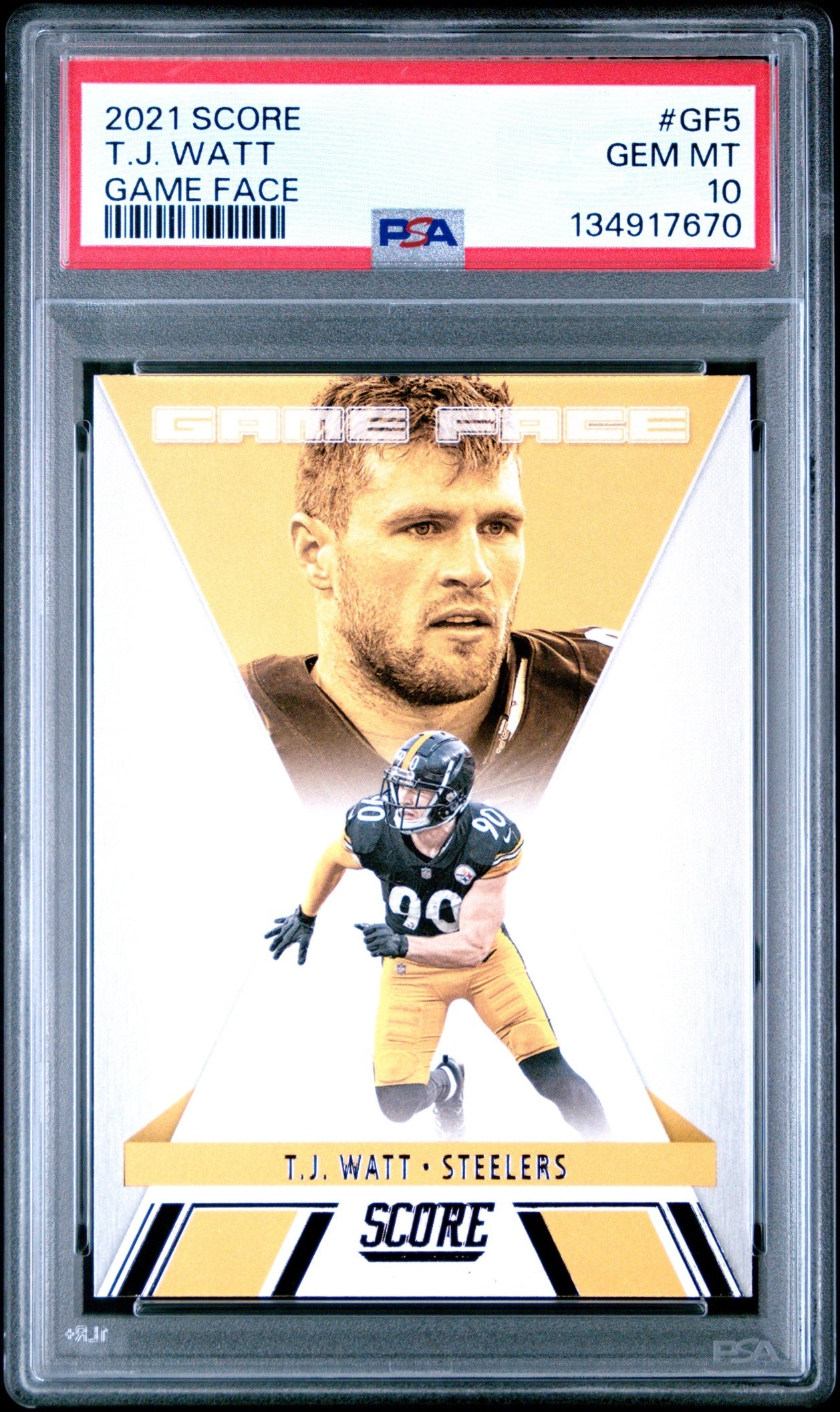 T.J. Watt 2021 Panini Score Game Face PSA 10 Steelers front