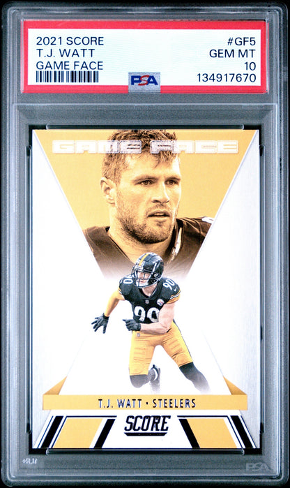 T.J. Watt 2021 Panini Score Game Face PSA 10 Steelers front