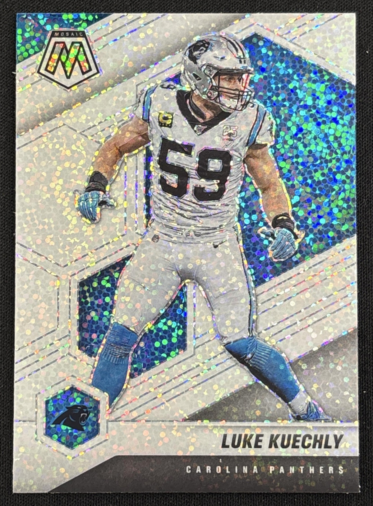 Luke Kuechly 2021 Panini Mosaic White Sparkle Prizm SSP Panthers sports trading card front