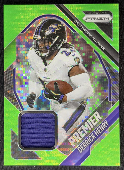 Derrick Henry 2025 Panini Prizm Premier Jerseys Neon Green Pulsar Ravens Sports Trading Cards