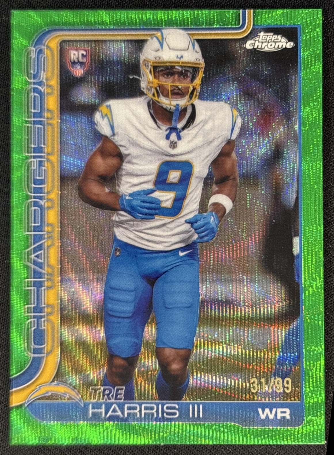 Tre Harris III 2025 Topps Chrome Rookie Green Wave Refractor /99 Chargers front