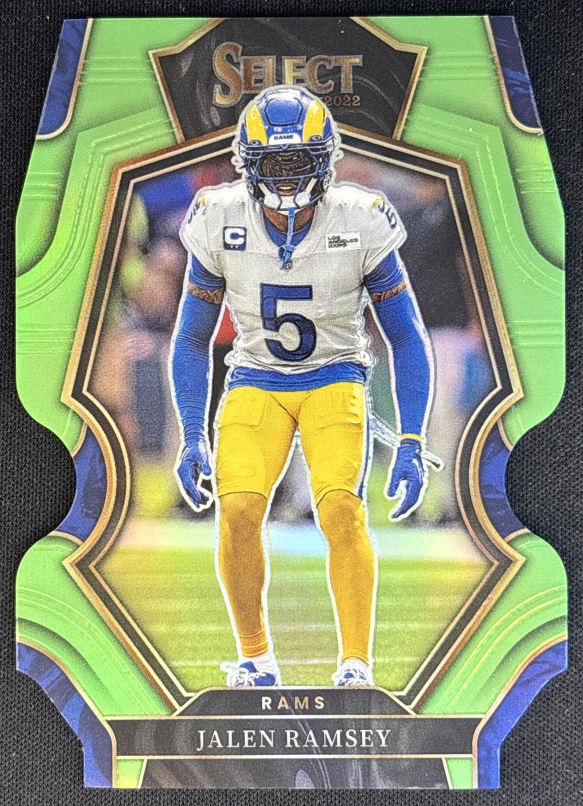 Jalen Ramsey 2022 Panini Select Neon Green Prizm Die Cut /299 Rams front