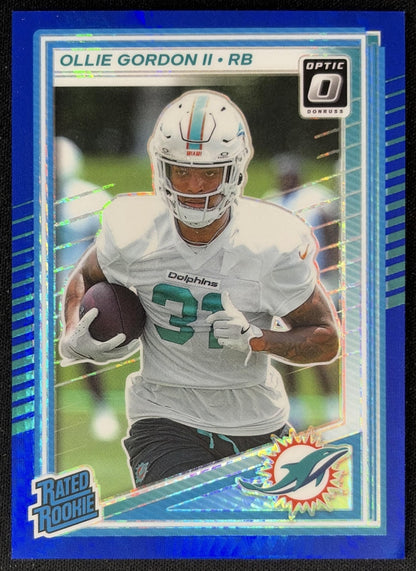 Ollie Gordon II 2025 Panini Donruss Optic Rated Rookie Blue Hyper Prizm Dolphins front