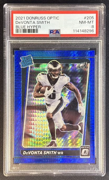 DeVonta Smith 2021 Panini Donruss Optic Blue Hyper PSA 8 Eagles Football Cards