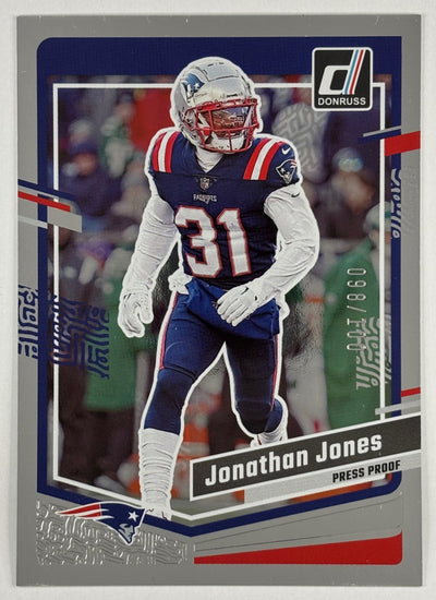 Front of Jonathan Jones 2023 Donruss Press Proof Silver /100 Patriots sports trading card