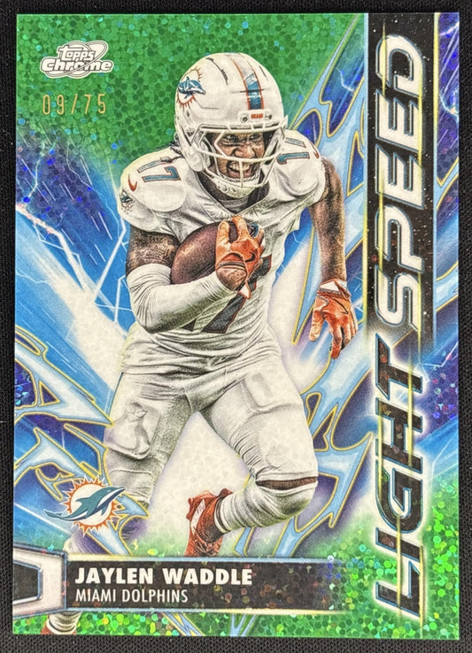 Jaylen Waddle 2025 Cosmic Chrome Light Speed Green Space Dust Refractor /75 Dolphins