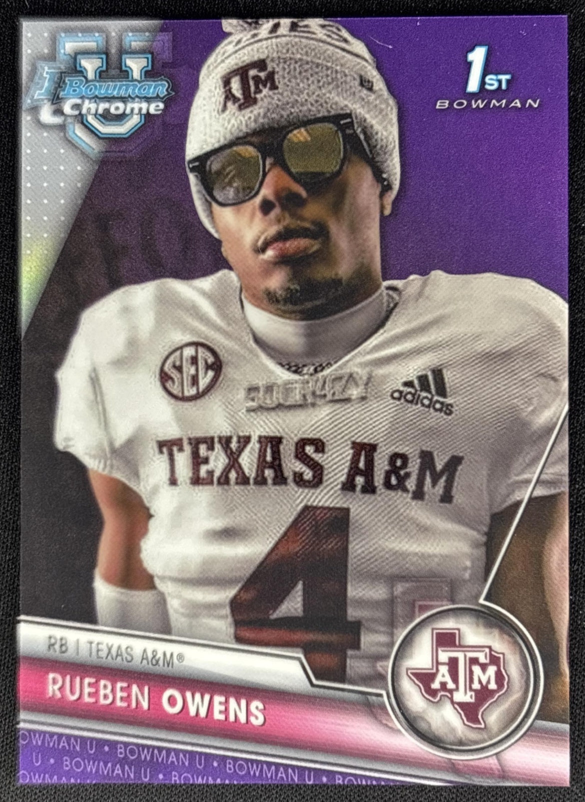 Rueben Owens 2023 Bowman University Chrome Purple Refractor /399 Aggies front