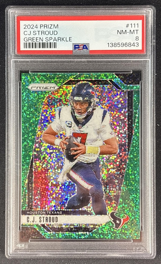 C.J. Stroud 2024 Panini Prizm Green Sparkle /8 PSA 8 Texans Sports Trading Cards