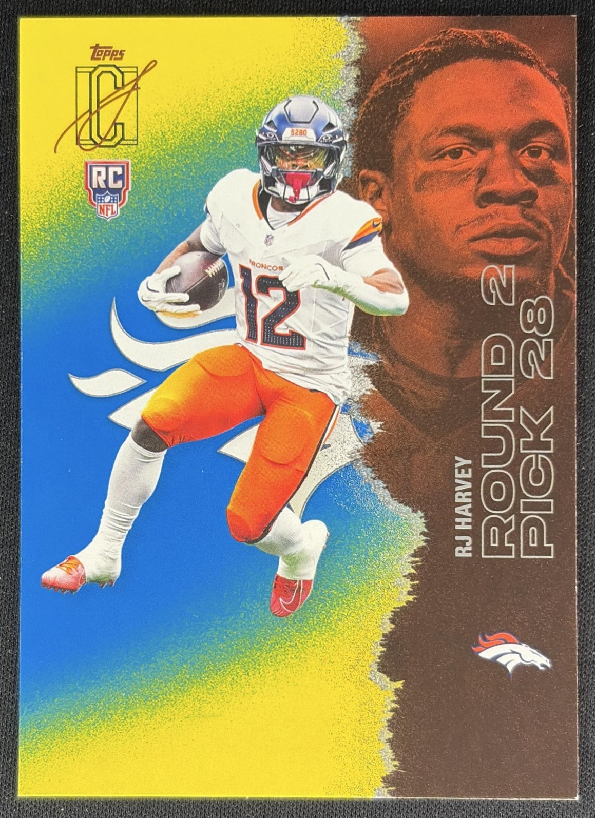 RJ Harvey 2025 Topps Signature Class Rookie Blue & Yellow Foil Broncos front