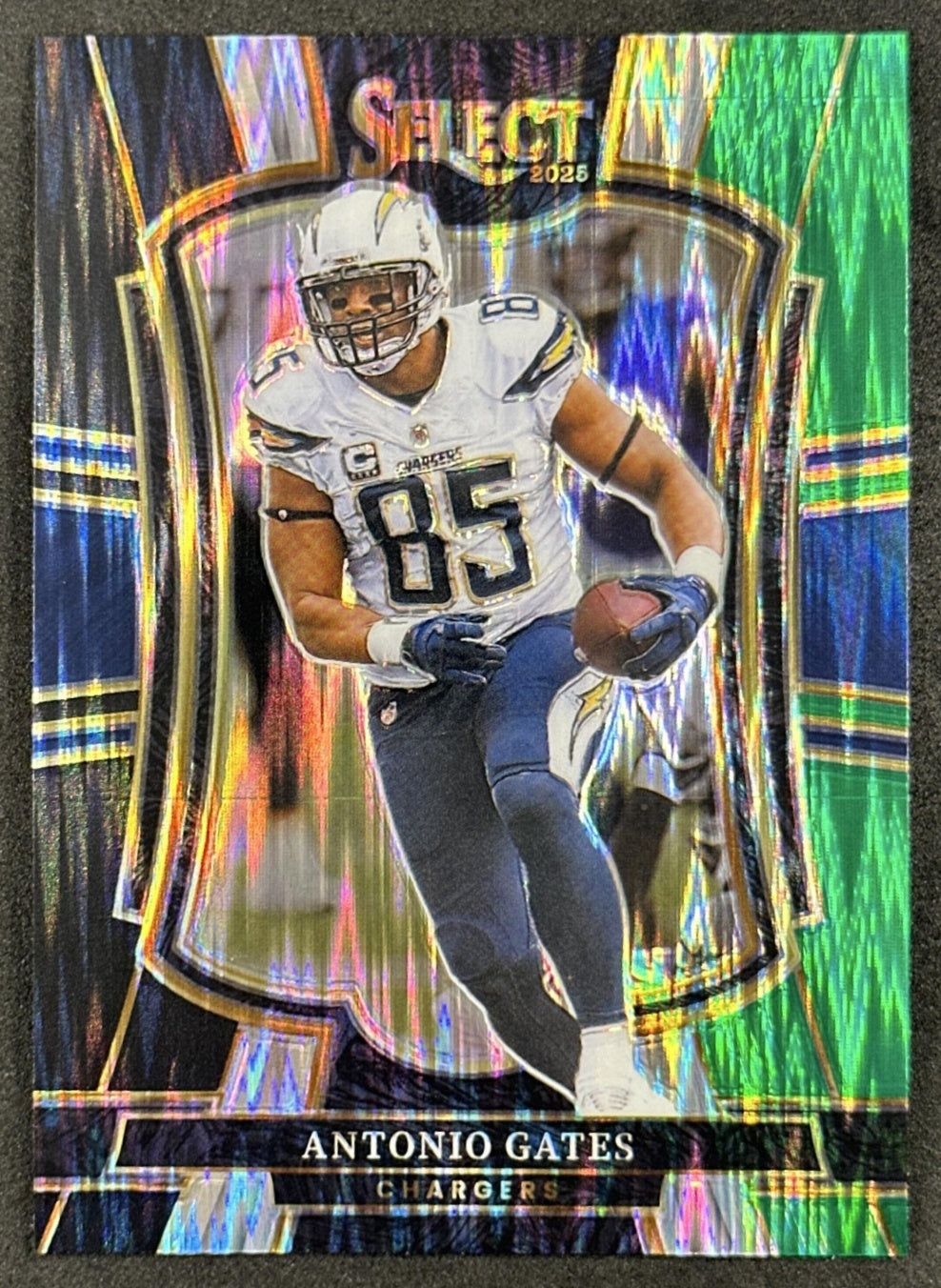 Antonio Gates 2025 Select Premier Level Black and Green Prizm Shock Chargers