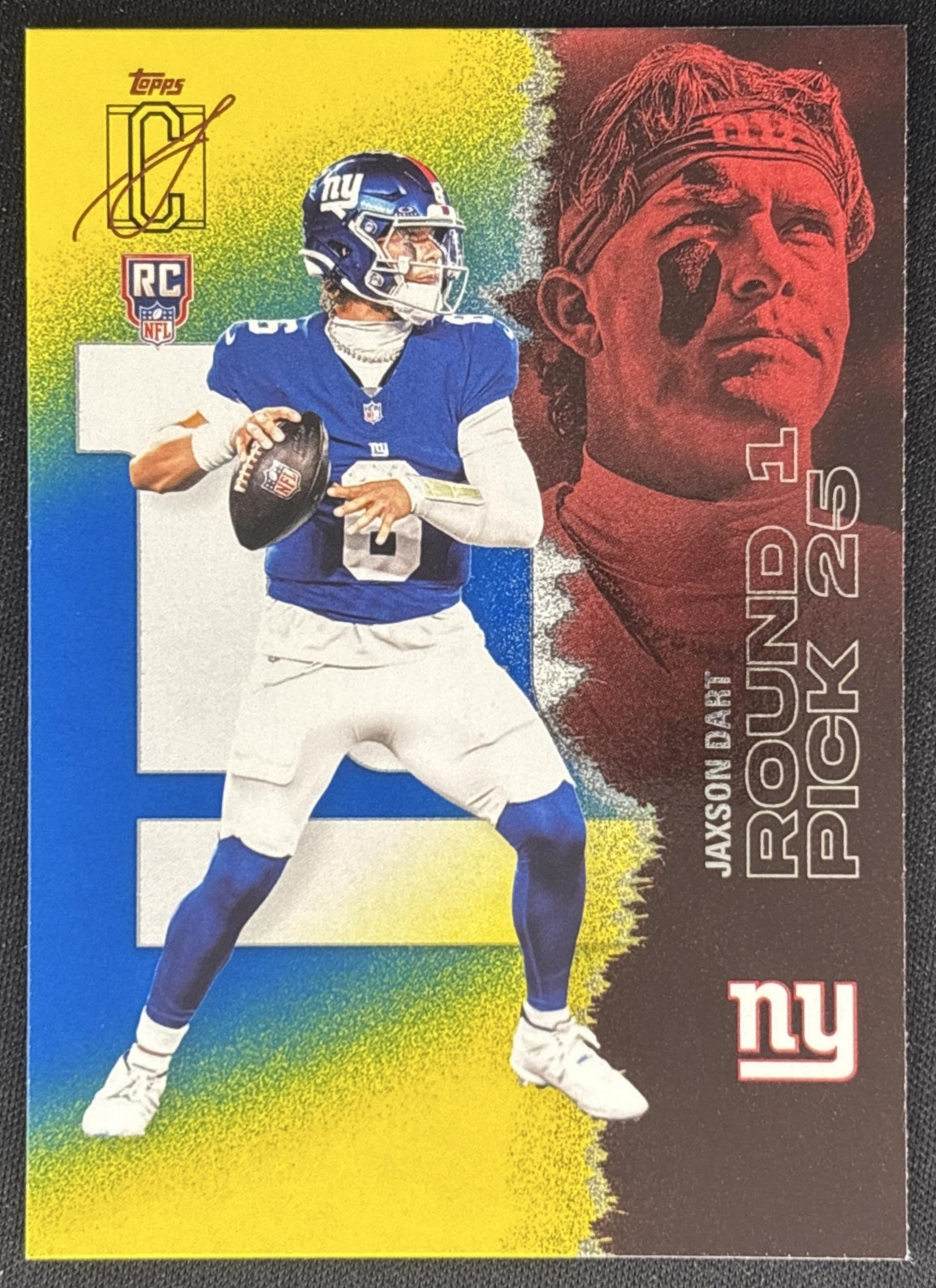 Jaxson Dart 2025 Topps Signature Class Rookie Blue & Yellow Foil Giants front