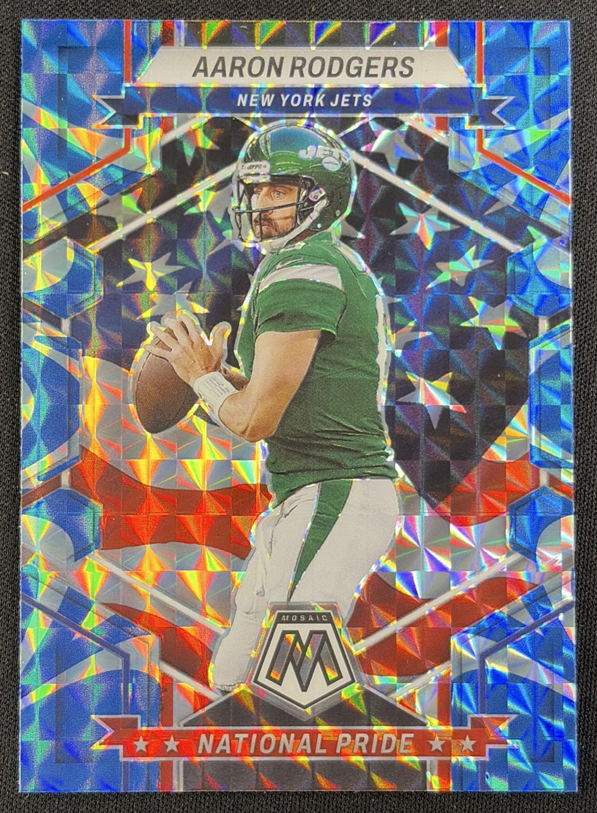 Aaron Rodgers 2023 Panini Mosaic Reactive Blue Mosaic Jets