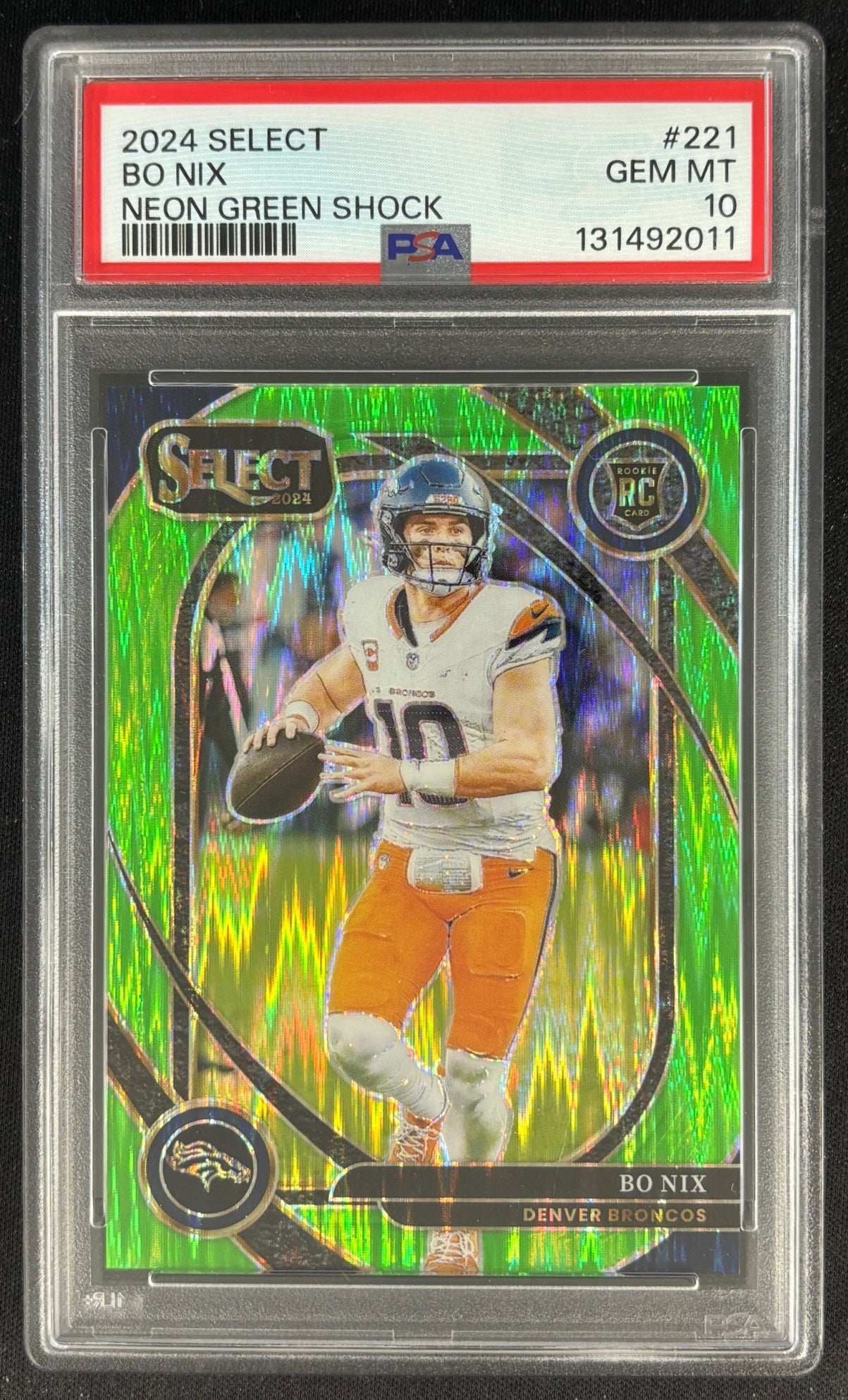 Bo Nix 2024 Select Club Neon Green Prizm Shock /499 PSA 10 Rookie Broncos - Front (Wayne Collection)