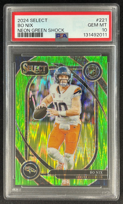 Bo Nix 2024 Select Club Neon Green Prizm Shock /499 PSA 10 Rookie Broncos - Front (Wayne Collection)