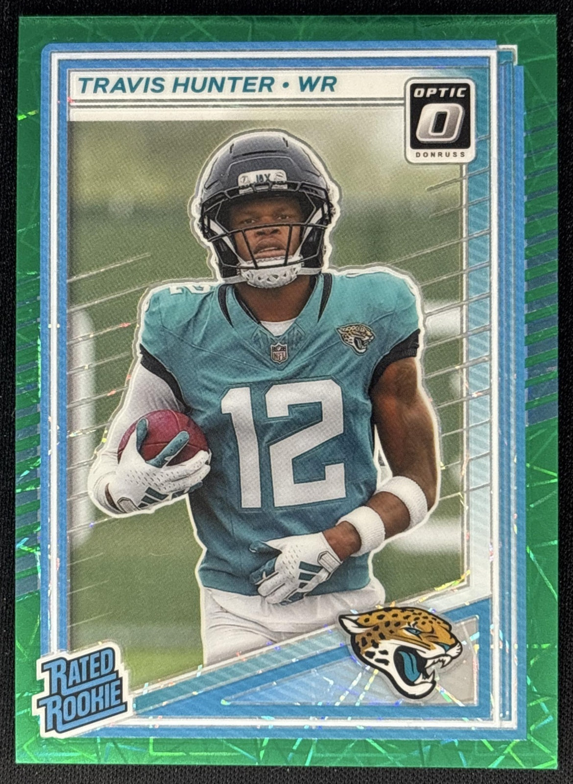 Travis Hunter 2025 Donruss Optic Rated Rookie Green Velocity Prizm Jaguars front