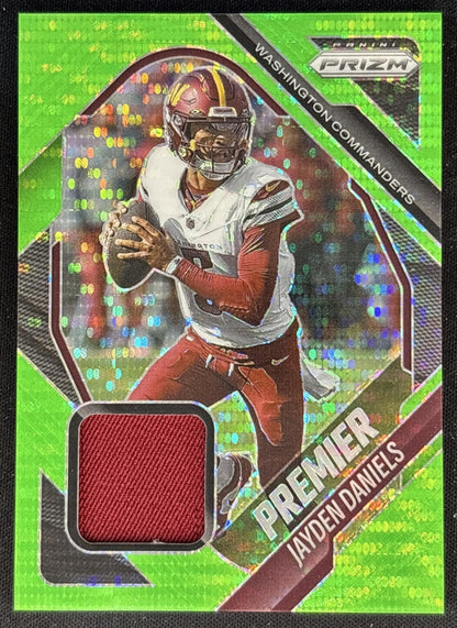 Jayden Daniels 2025 Panini Prizm Premier Jerseys Neon Green Pulsar Commanders front
