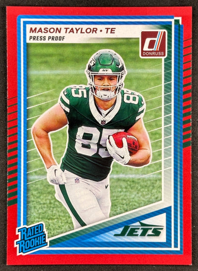 Mason Taylor 2025 Donruss Rated Rookie Press Proof Red Jets Sports Trading Card